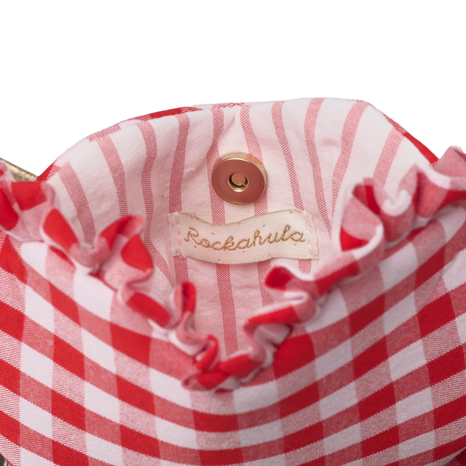 G2589R-BORSA A FORMA DI CUORE CON VOLANT A QUADRETTI
