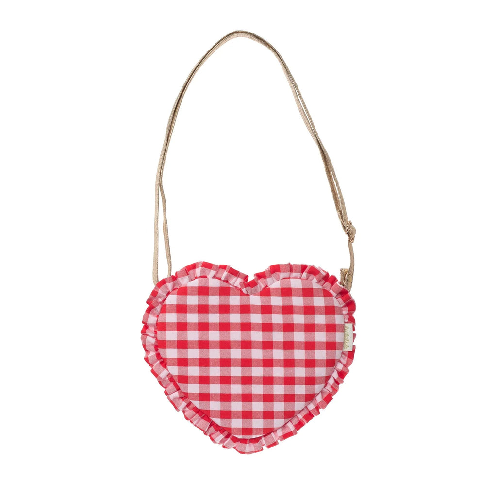 G2589R-BORSA A FORMA DI CUORE CON VOLANT A QUADRETTI